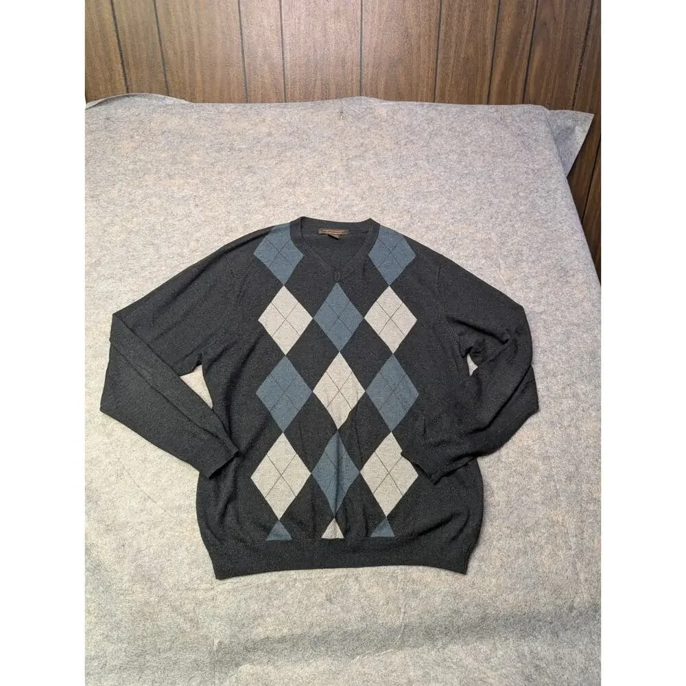 Sebastian Cooper Sweater Men Large Blue Cashmere Cotton Argyle Diamond Pullover